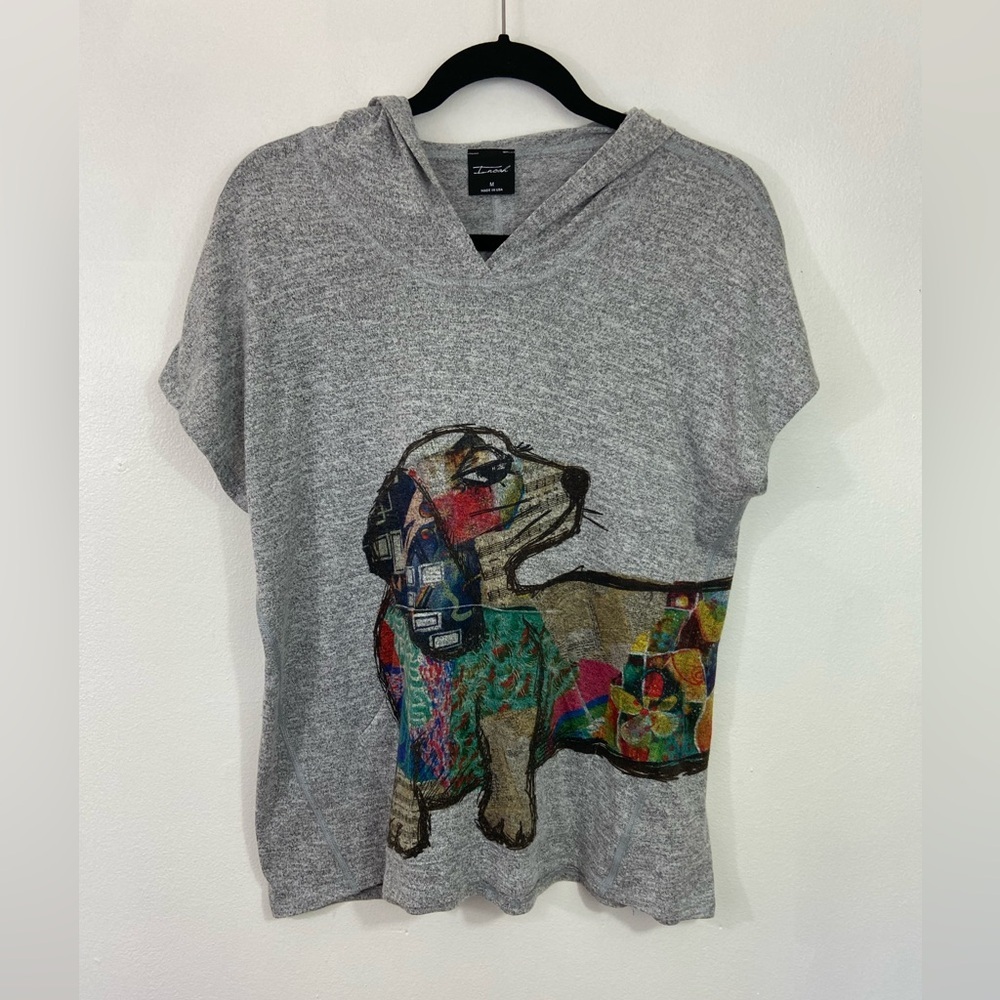Inoah Dog Oversized Tunic Shirt Grey M Hooded Kangaroo Pocket Dauschund Artsy